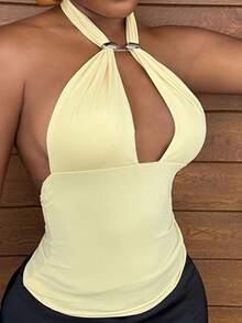 Mariisbox Women's Sexy Hollow Out Metal Buckle Decor Lace-Up Halter Neck Top Light Yellow, Spring Women, Going Out Top For Women, Sexy Top Women Casual Summer - Light Yellow - View 6