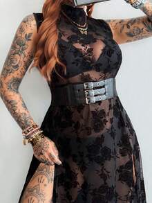 Whyspr Dark High Slit Sheer Long Black Asymmetrical Pattern Dress - Black - View 4