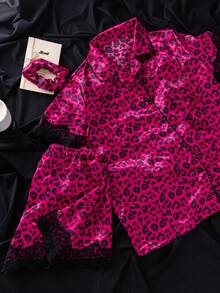 Bare Chapter 3pcs Printed Pattern Wireless Lace Patchwork Shirt Style Women's Nightgown Set With Hair Scrunchie - Multicolor - View 4