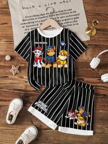 SHEIN | PAW Patrol 小男孩條紋卡通印花T恤短褲套裝 - 白色 - 查看 1