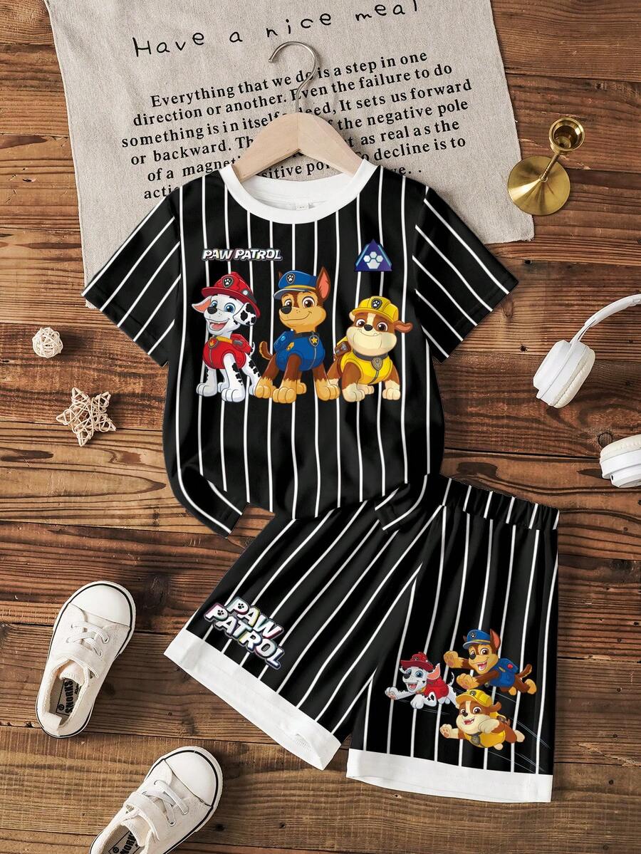 SHEIN | PAW Patrol 小男孩條紋卡通印花T恤短褲套裝 - 白色 - 查看 1
