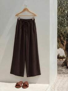 Zivah Conjunto de Top Sem Mangas com Decor de Botão e Decote em V e Calça Pantalona Larga com Bolso Lateral e Cintura Elástica em Linho Marrom, Novo Lançamento Primavera/Verão 2026 para Festivais de Música, Páscoa, Dia de São Patrício, Dia dos Namorados, Datas, Ocidental, Nômade, Festa de Aniversário, Formatura, Faculdade, Estudante, Casual Diário, Básico Versátil, Lazer, Viagem de Cruzeiro, Praia, Banho de Sol, Viral, Streetwear, Convidado de Casamento, Transporte, Brunch, Aeroporto, Festa, Passeio Feriado, Uso no Escritório - Castanho - Visão 14