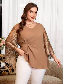 Reflora Blusa casual versátil de uso diario con patchwork de encaje y plisados para mujer de talla grande - Marrón - Ver 5