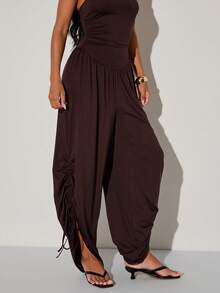 Normani Women's Solid Color Pleated Halter Jumpsuit Vacation Dark Brown Summer Sexy - Brown - View 8