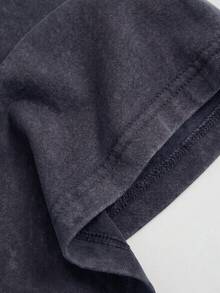 SHEIN EZwear 大尺碼春夏服飾 大尺碼春夏雪洗醋酸做舊巧克力棕色寬鬆短袖小V領大尺碼T恤棉質面料春夏服飾 - 藏蓝色 - 查看 4