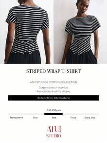 ATUI Studio 女款黑白條紋不對稱下擺上衣－棉質彈性百褶腰 T-shirt，適合夏季旅行、海濱早午餐、法式休閒風 - 黑色 - 查看 7