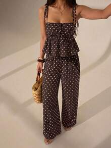 SHEIN PETITE Women's Vacation Casual Tropical Sexy Brown And White Polka Dot Print Camisole Long Pants 2 Pieces Set,Petite Beach Summer - Coffee Brown - View 5