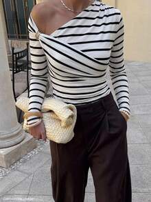 Firerie Women's Asymmetric Shoulder Wrap Ruched Waist Tight Fit T-Shirt, Metal Decor, Elegant Modest Commute Date Night Tops, Black And White Striped, Autumn - Black and White - View 12