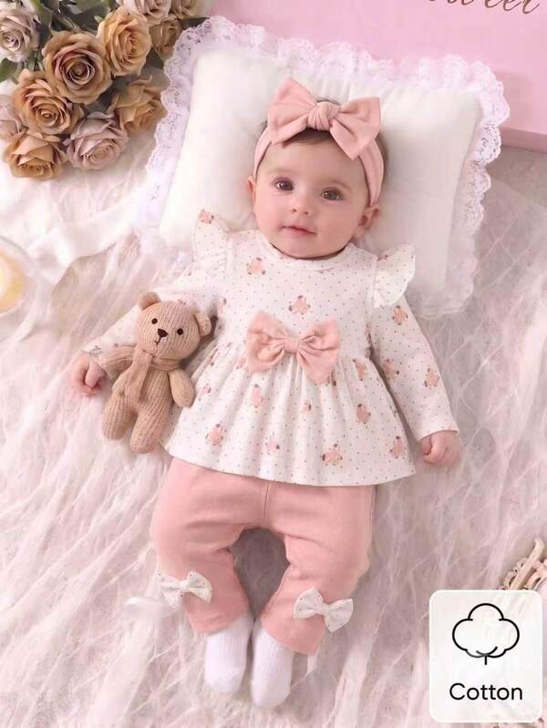 SHEIN Newborn Spring/Autumn Brown Heart Print Top With Bow Knot Decor Pure Black Long Pants  2-Piece Set Suitable For Outings, Sports, Christmas Parties