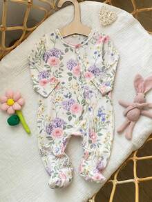 SHEIN Tutina neonata con stampa floreale carina, in maglia morbida, casual, collo rotondo, maniche lunghe e piedi coperti, morbida e confortevole, outfit per San Valentino, regalo per San Valentino - Multicolore - Visualizzare 1