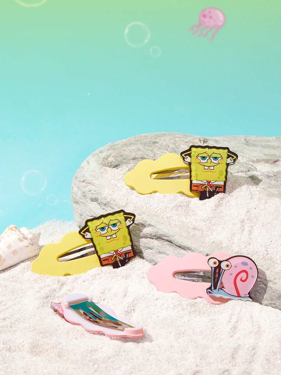 SpongeBob SquarePants | SHEIN 4入組海綿寶寶可愛波浪邊卡通雲朵髮夾 - 彩色 - 查看 1