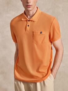 Courvante Golf Men's Casual Flap Pocket Button-Up Short Sleeve Polo Shirt, Summer Men Clothing, Orange Golf - Orange - View 6