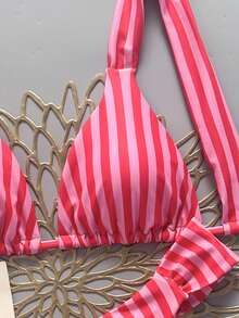 SHEIN Swim 女款性感海灘度假純色時尚掛脖繫帶＋後背繫帶比基尼上衣，性感抓皺後背＋側腰抓皺設計比基尼褲，街頭風音樂節派對泳池泳裝套裝 - 粉色 - 查看 4