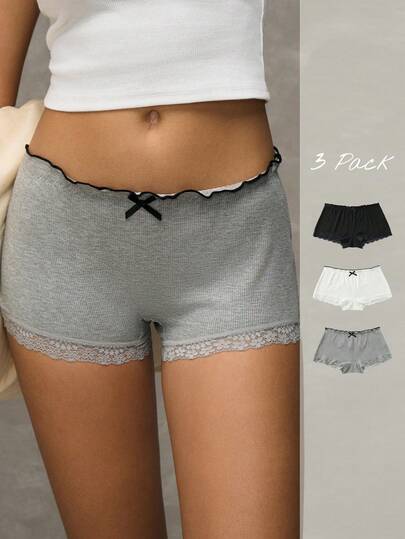 Esseday 3pcs/Set Celana Dalam Hipster Kasual dengan Patchwork Renda dan Trim Bergaris untuk Wanita