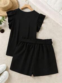 SHEIN LUNE 休闲简约浪漫复古手工贝壳花装饰加大码女式黑色圆领短袖短裤两件套，适合夏季度假 - 彩色 - 查看 2