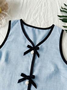 SHEIN ChillGRL Teen Girls Summer Fashion Versatile Sweet Style Sleeveless Tank Top & Shorts 2-Piece Set, Round Neck Cardigan With Bow & Button Decor, Woven Fabric Soft & Comfortable, Elegant Sweet Choice For Party & Birthday - Multicolor - View 7