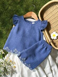 SHEIN 嬰兒男童女童中性 0-3 歲 2 件組休閒刺繡印花圖案，春夏季鄉村風女嬰上衣，女嬰度假套裝，女嬰鄉村風服飾 - 中等水洗藍 - 查看 5
