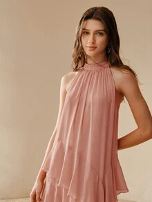 MOTF PREMIUM SUMMER FLOWY HEAVY EMBELLISHED FASHION BEACH VACATION HALTER NECK DRESS, LUXURY GODDESS STYLE - Pink - View 3