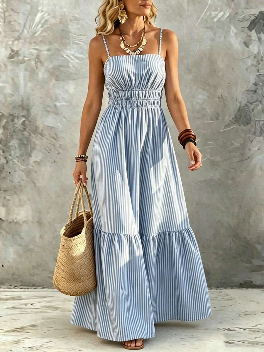 Breezaya Robe décontractée rayée sans manches de style mode Top de gamme pour femmes, robe de printemps/été pour femmes, vacances, sortie, Y2K, printemps, été, rentrée scolaire, décontracté, plage, affaires, polyvalente, robe rayée bleue et blanche décontractée pour femmes - Bleu et Blanc - Voir 1