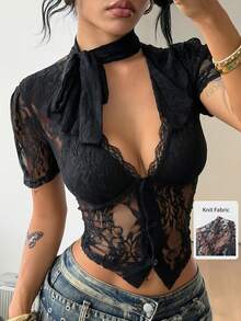 Coolane Summer For Women Streetwear Sexy Elegant Going Out Club Night Out Casual Daily Wear Date Night Y2K Deep V-Neck Elastic Lace Black Floral Blouse - Black - View 1