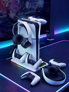 Teckwe 多功能控制器充電站，附冷卻風扇與 RGB 燈光，雙控制器充電底座，附耳機支架，USB 集線器遊戲配件收納架，適用遊戲主機控制器 - 查看 2