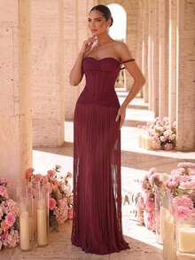 Glamrae Elegant Burgundy High-Stretch Mesh Cold Shoulder Rope Trim Asymmetric 2 In 1 Tassel Detail Bodycon Dress Formal Party Prom Women's Winter Wedding - Burgundy - View 4