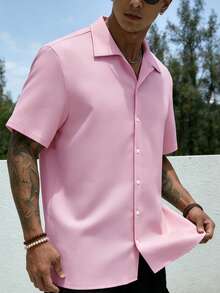 Manfinity Dauomo Camisa casual de manga corta para hombre, unicolor, de color verano, con estilo diario para ir al trabajo - Rosa - Ver 3