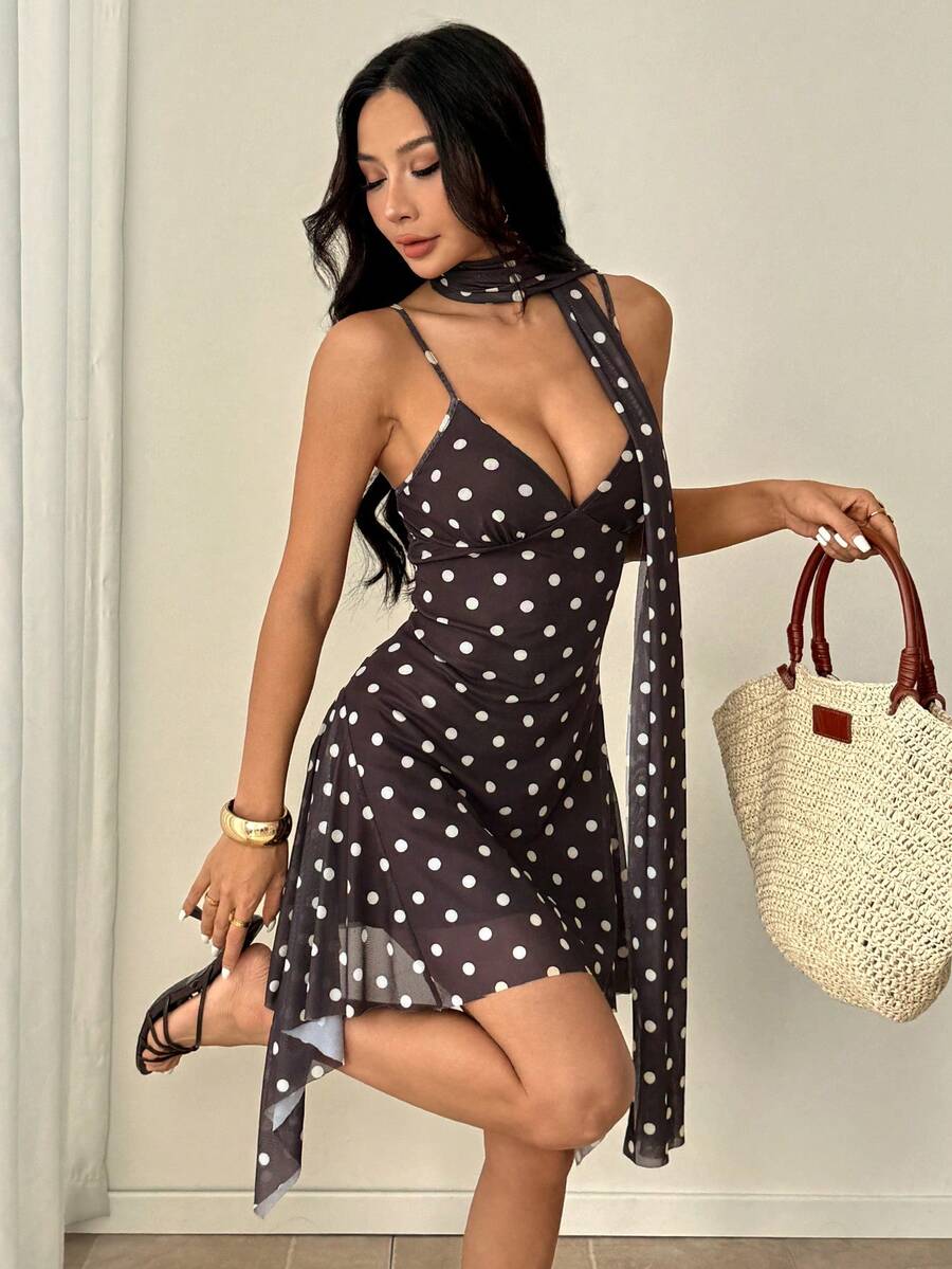 SHEIN PETITE 女款性感波點印花細肩帶迷你洋裝,夏季 - 棕色 - 查看 1