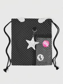 ROMWE Anime Mochila simple negra con lunares y cuerda para tirar, decoración de insignia de ala de estrella en el lateral con bolsillo de cremallera transparente, adecuada para ir a la escuela y desplazarse - Estrella de lunares - Ver 2