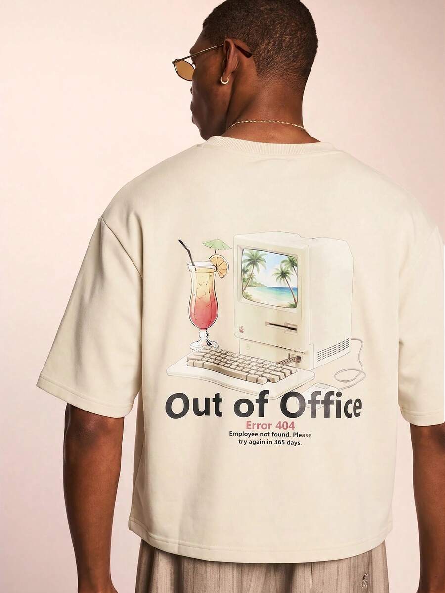 SUMWON Sunburn Studios 超大款露脐印花T恤,背面印有“Out Of Office Error 404”字样,短袖圆领夏季休闲T恤 - 米色 - 查看 1
