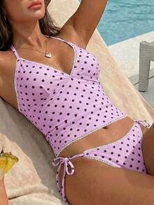Swim Mod Vacation Beach Polka Dot Print Tankini Set - Pink - View 6