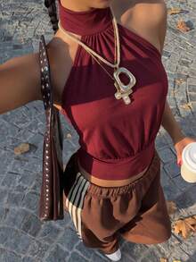 Muchica Wine Red Knit Halter Neck Women's Top - Burgundy - View 7