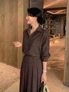DAZY 女款優雅襯衫上衣與時尚休閒長褲兩件套，適合秋季 - 棕色 - 查看 6