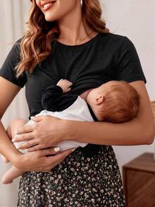 SHEIN 孕婦花卉印花和拼布哺乳裙 - 黑色 - 查看 2