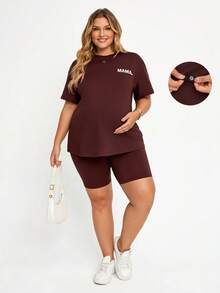 Plussiva Plus-Size Maternity Brown Letter Print T-Shirt And Shorts Two-Piece Set. Adjustable Elastic Waistband. Summer Casual Athletic. Gym - Brown - View 1