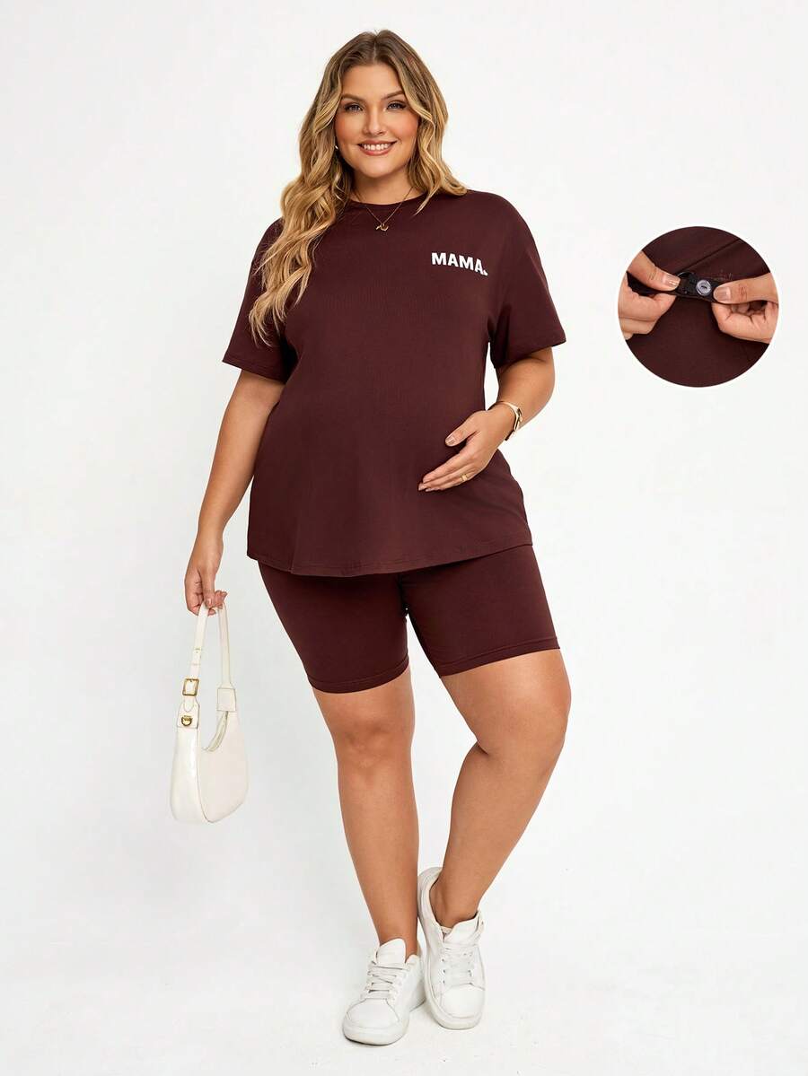 Plussiva Plus-Size Maternity Brown Letter Print T-Shirt And Shorts Two-Piece Set. Adjustable Elastic Waistband. Summer Casual Athletic. Gym - Brown - View 1