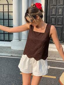 Pariaura Atasan Tank Top Wanita Berkerah Persegi dengan Bordir Renda, Lembut dan Nyaman untuk Musim Semi dan Musim Panas - Coffee Brown - View 4