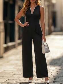 GlowEve CURVE Women's Plus Size V-Neck Pearl Decor Sleeveless Asymmetrical Cinched Waist Black Wide Leg Jumpsuit, Satin, Sexy, Elegant Summer Party Cocktail - Black - View 8