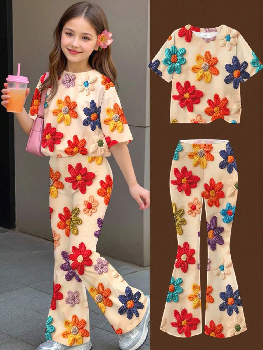 Young Girl Casual Simple Cute Fun Textured Floral Print, Short Sleeve Long Pants Two Pieces Set Suitable For Summer Graphic, Cozy, Girls Outfit Sets, Y2k, Vintage, Vacation - Multicolor - View 1