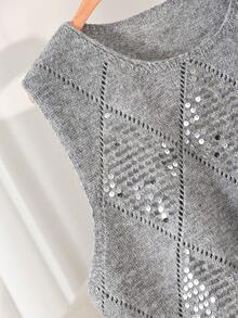 CosyJoli Plus Size Elegant French Casual Beaded Knit Hollow Diamond Lattice Commute Versatile Romantic Pullover Tank Top For Women Fall/Winter - Grey - View 4