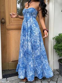 Sunnyshic Women's Elegant Printed Strapless Dress - Medium Wash - View 5