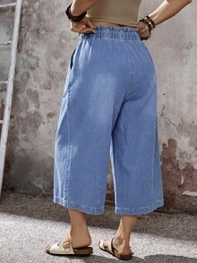 SHEIN CURVE+ 大码纯色极简日常牛仔裤，夏季嘉年华服装通勤度假毕业时尚Y2K可爱街头风性感派对婚礼优雅商务休闲女士商务海滩毕业典礼女士做旧牛仔百慕大短裤带口袋高腰宽松版型日常穿着 - 藍色 - 查看 5