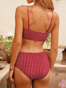 SHEIN Swim Women Bikini Sets Kain genggang Lucu - Red and White - View 4