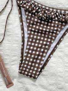 Swim Mod 女款夏季海灘純色荷葉邊掛脖綁帶兩件式比基尼泳衣套裝 - 彩色 - 查看 4