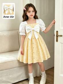 SHEIN Playful Pals 青少年女孩新款方領清新格紋印花蝴蝶結裝飾短袖洋裝 - 黃色 - 查看 10