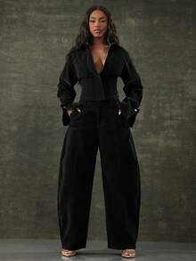 Denimoi Cinched Waist Corset Detail Cropped Button Front Collared Velvet Denim Cuffed Denim Jacket - Black - View 3