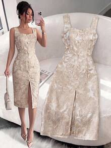 Elenzga Women's 2026 New Light Blue Spring/Summer Retro Elegant Floral Jacquard Sweetheart Neck Sleeveless Versatile Waist-Cinching Midi Dress, Adorned With Pearl And Metal Button Embellishments And A Slit Design. A Luxurious French-Style Dress Suitable For Women Aged 20-35+ For Dates, Parties, Formal Evenings, And Office Wear (Random Print). - Apricot - View 2