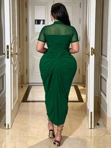 NU&NOW 女款春夏性感辣妹優雅成熟知性約會度假派對晚宴黑拼接透視網紗半高領短袖側開衩抓皺收腰顯瘦修身中長版大尺碼洋裝 - Fresh Green - 查看 2