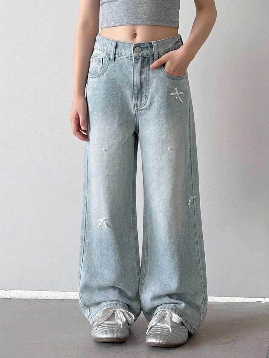 Dazy Kids Jeans de Mezclilla para Niñas Primavera/Verano Nuevo Estilo Bolsillo Trasero con Strass Acampanados (Grande) - Azul lavado medio - Ver 1