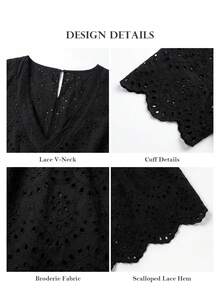 ELLERISSA Plus Size Black Scallop Eyelet Embroidered Short Sleeve Skater Dress Beach Vacation Summer Traditional Normal - Black - View 7